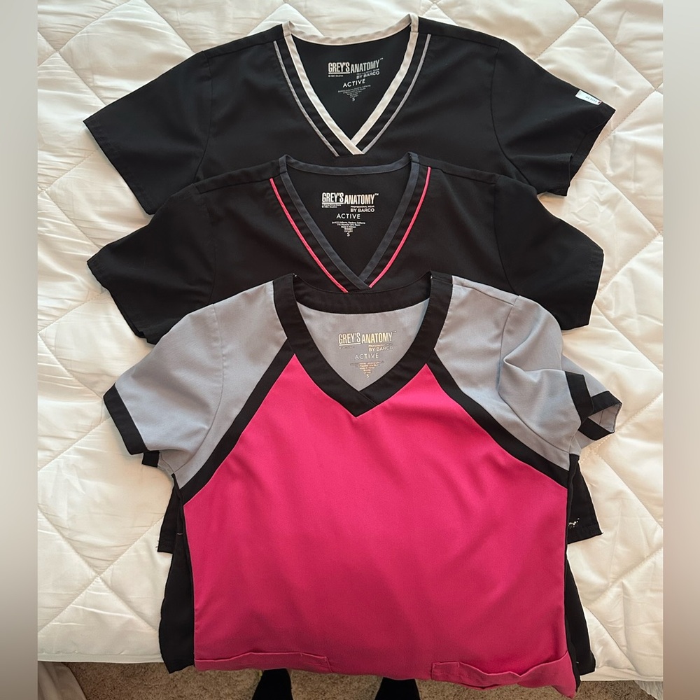 Set of 3 Grey's Anatomy V-Neck Scrub Tops - Black, Pink, Gray - Small.